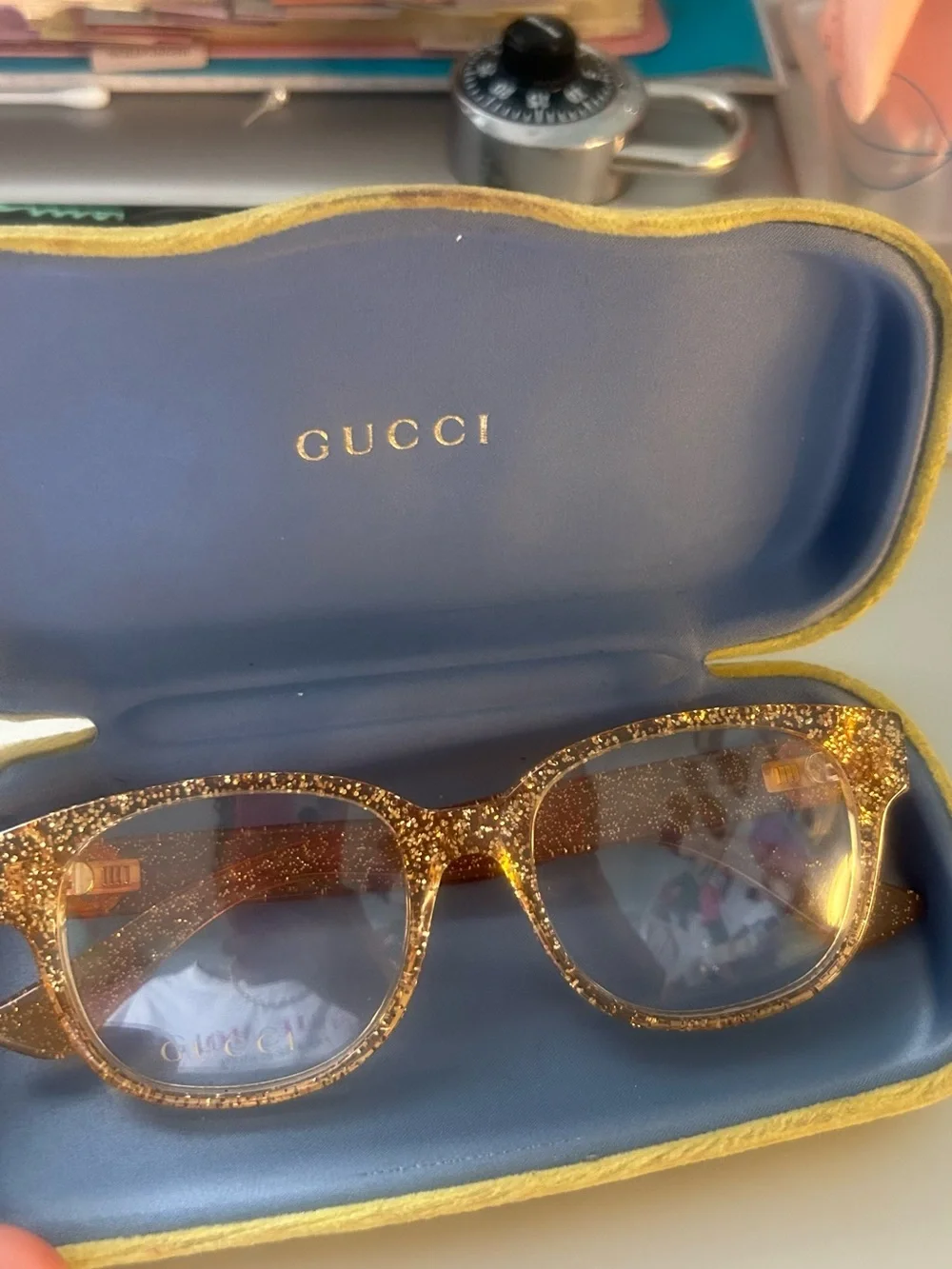 Gucci Women's Glitter Gold and Brown Cat-Eye Sunglasses